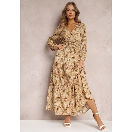 Beżowa Sukienka Kopertowa Maxi Fisa ze sklepu Renee odzież w kategorii Sukienki - zdjęcie 157074660
