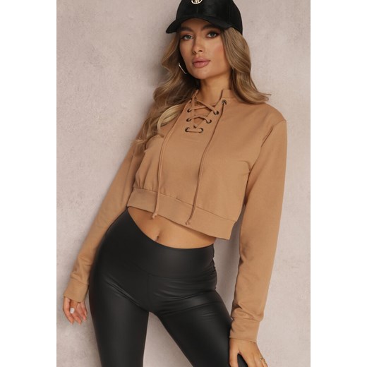 Ciemnobeżowa Bluza Crop Top z Wiązaniem Oreithitrite ze sklepu Renee odzież w kategorii Bluzy damskie - zdjęcie 157074971