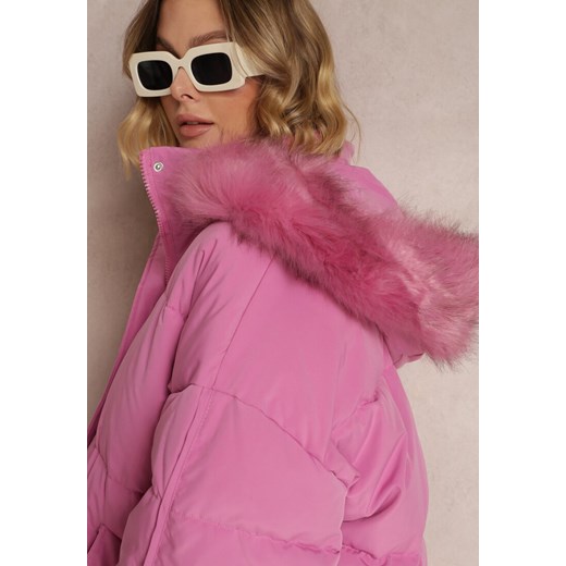 Różowa Kurtka Oversize z Futrzanym Kapturem Haduni Renee XL Renee odzież wyprzedaż