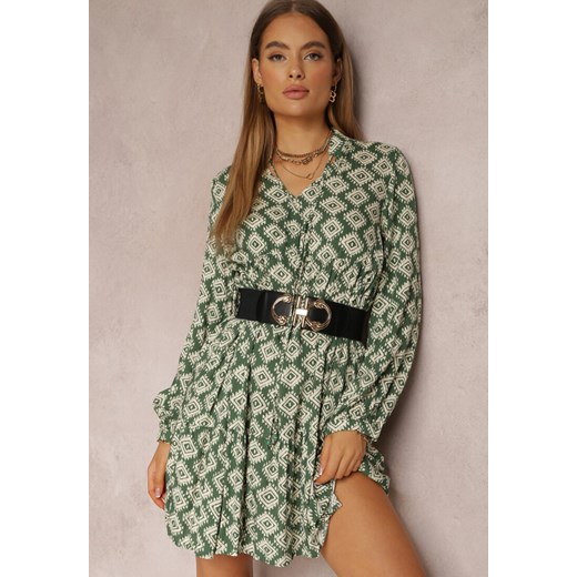 Zielona Sukienka Rozkloszowana w Geometryczny Wzór Hetsiqwe ze sklepu Renee odzież w kategorii Sukienki - zdjęcie 157077071