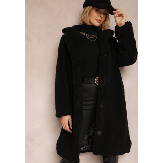 Czarny Płaszcz Oversize z Pluszowego Futerka z Czapką Jillo ze sklepu Renee odzież w kategorii Futra damskie - zdjęcie 157078602