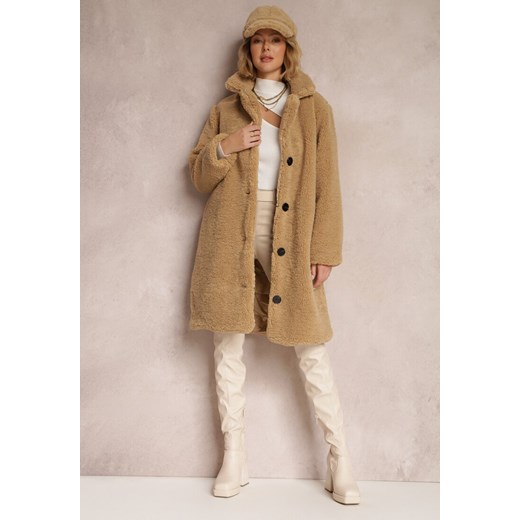 Beżowy Płaszcz Oversize z Pluszowego Futerka z Czapką Jillo Renee 2XL okazyjna cena Renee odzież
