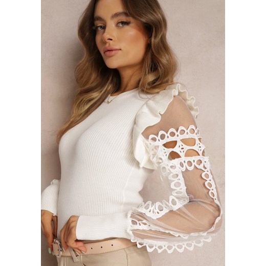 Biały Sweter z Prążkowanej Dzianiny i Koronką Rephi ze sklepu Renee odzież w kategorii Swetry damskie - zdjęcie 157078840