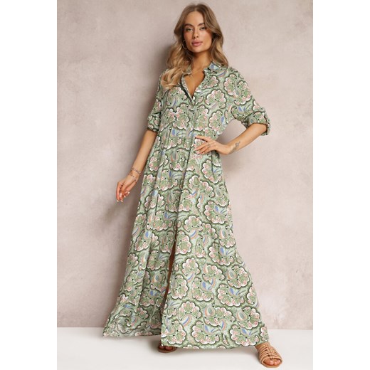 Zielona Sukienka Koszulowa w Roślinny Wzór Bahi ze sklepu Renee odzież w kategorii Sukienki - zdjęcie 157079143