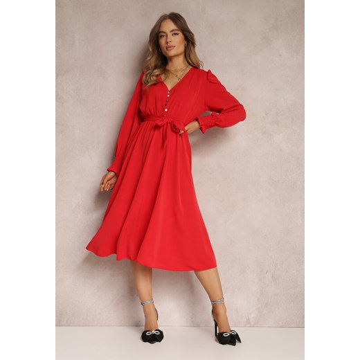 Czerwona Sukienka z Bufiastym Rękawem i Wiązanym Paskiem Corrine ze sklepu Renee odzież w kategorii Sukienki - zdjęcie 157079423