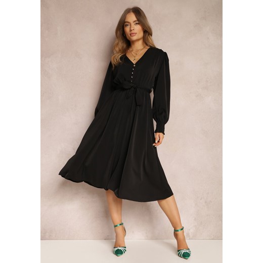 Czarna Sukienka z Bufiastym Rękawem i Wiązanym Paskiem Corrine ze sklepu Renee odzież w kategorii Sukienki - zdjęcie 157079433
