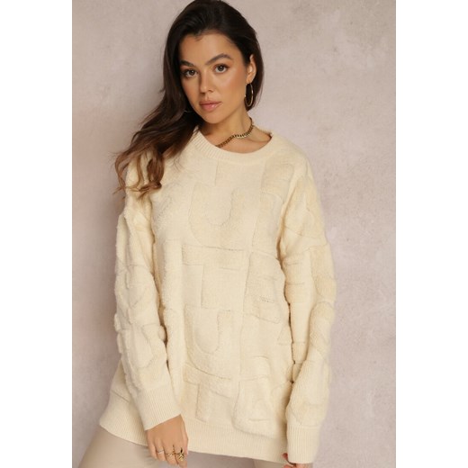 Jasnobeżowy Sweter Oversize z Tłoczeniem Rormi Renee ONE SIZE okazyjna cena Renee odzież