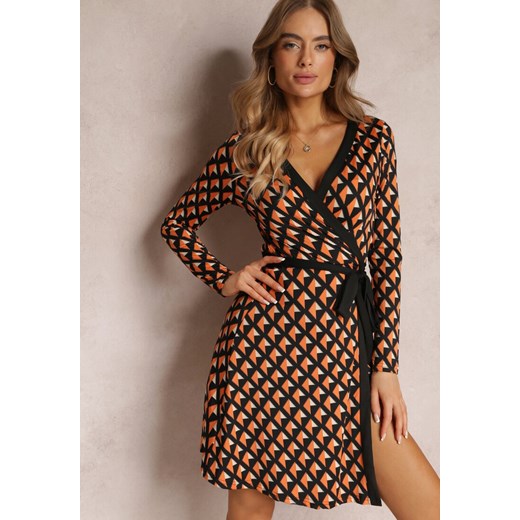 Pomarańczowa Sukienka Kopertowa w Geometryczny Wzór Feozie ze sklepu Renee odzież w kategorii Sukienki - zdjęcie 157080153