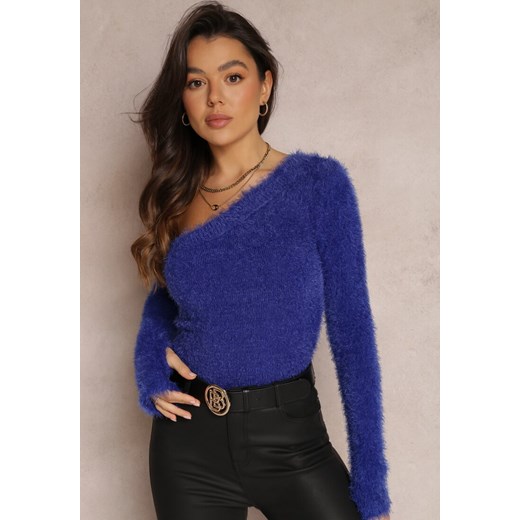 Granatowy Sweter na Jedno Ramię Pholy ze sklepu Renee odzież w kategorii Swetry damskie - zdjęcie 157080234