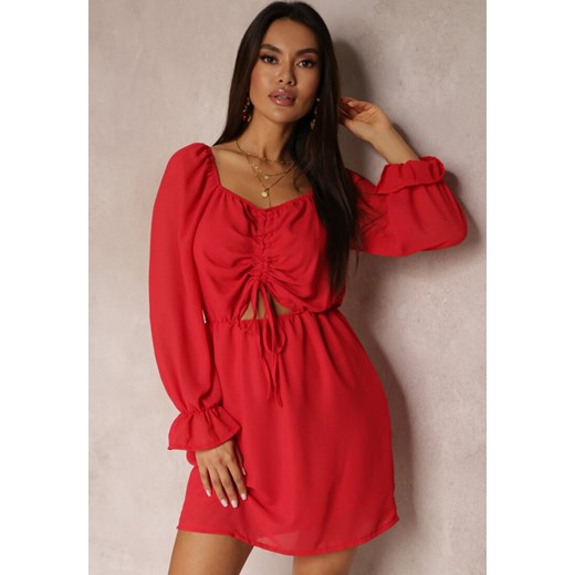 Czerwona Sukienka z Błyszczącą Nitką i Ściągaczem z Przodu Beni ze sklepu Renee odzież w kategorii Sukienki - zdjęcie 157080420