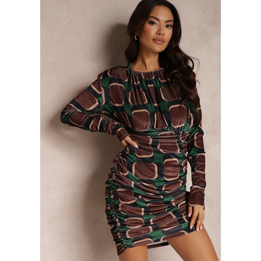 Brązowo-Zielona Sukienka z Drapowaniem w Geometryczny Wzór Biyo ze sklepu Renee odzież w kategorii Sukienki - zdjęcie 157080741