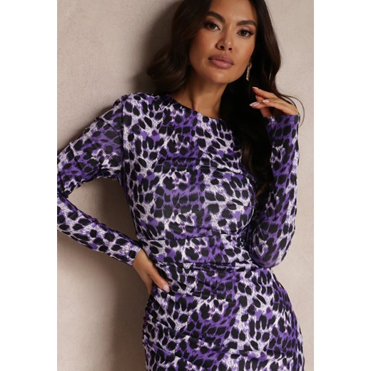 Fioletowa Sukienka w Cętki z Marszczeniem Delfe Renee L wyprzedaż Renee odzież