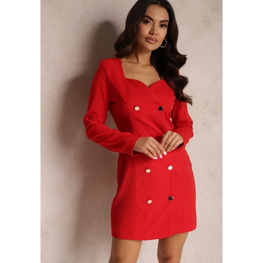 Czerwona Sukienka Marynarka Taliowana z Guzikami Zinoma ze sklepu Renee odzież w kategorii Sukienki - zdjęcie 157081450