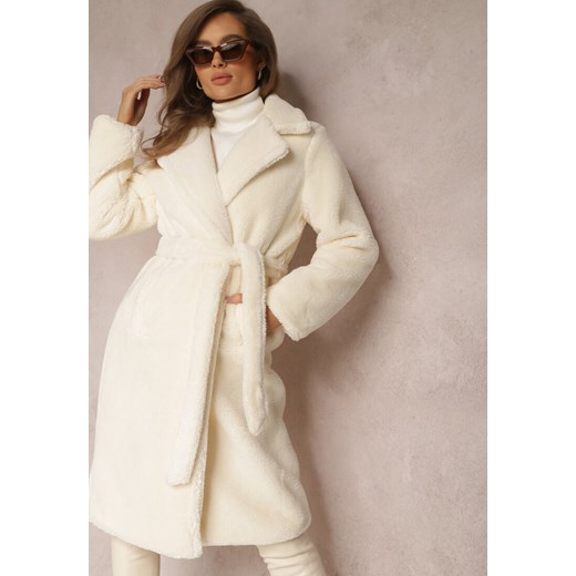Biały Płaszcz Futrzany z Wiązanym Paskiem Nasava ze sklepu Renee odzież w kategorii Futra damskie - zdjęcie 157082153