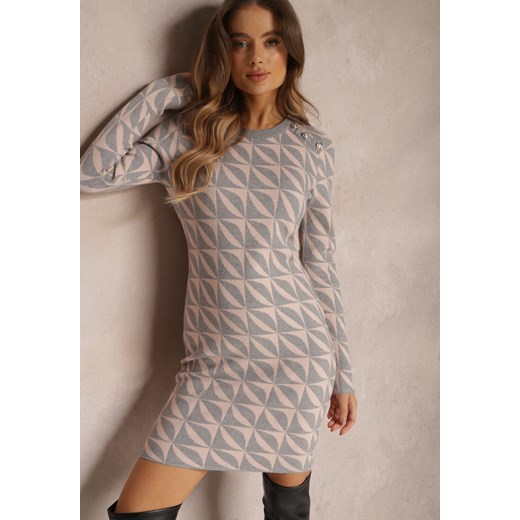 Jasnoróżowa Sukienka Dzianinowa w Geometryczny Wzór Chlaria ze sklepu Renee odzież w kategorii Sukienki - zdjęcie 157082620