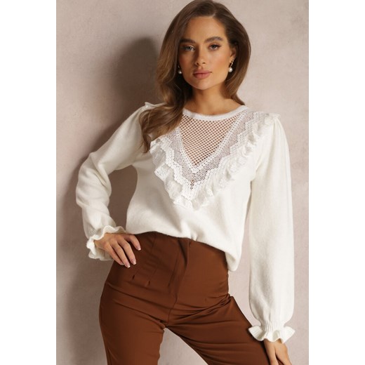 Biały Sweter z Falbankami i Ażurową Koronką Vegu ze sklepu Renee odzież w kategorii Swetry damskie - zdjęcie 157082904