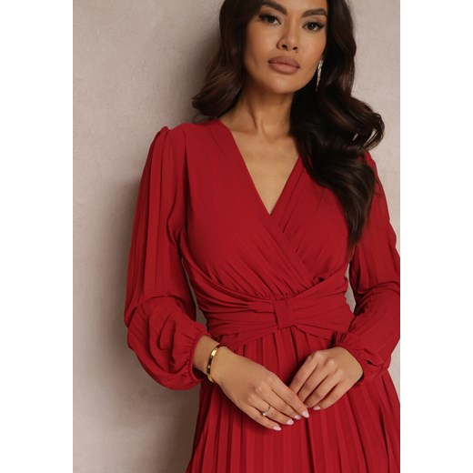 Bordowa Sukienka Maxi Plisowana z Kopertowym Dekoltem Verazi Renee ONE SIZE Renee odzież okazyjna cena