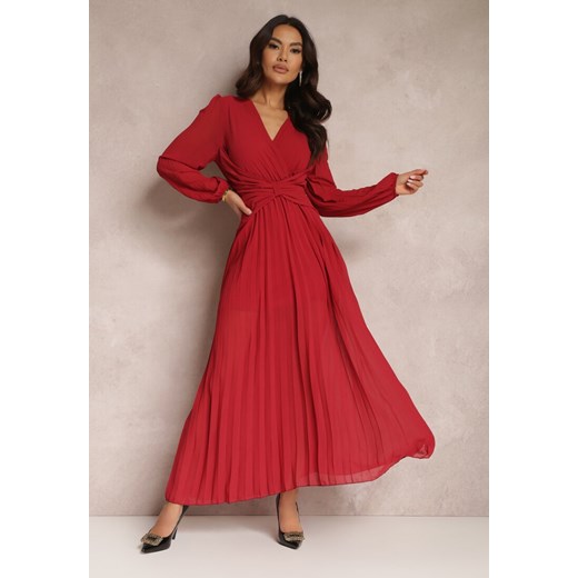 Bordowa Sukienka Maxi Plisowana z Kopertowym Dekoltem Verazi Renee ONE SIZE Renee odzież promocja