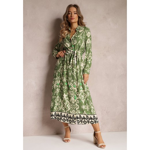 Zielona Sukienka Koszulowa Rozkloszowana z Wiązaniem Vern ze sklepu Renee odzież w kategorii Sukienki - zdjęcie 157084070