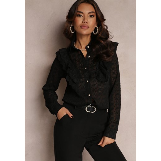 Czarna Metaliczna Koszula na Guziki z Falbanką Ettawel ze sklepu Renee odzież w kategorii Koszule damskie - zdjęcie 157084254
