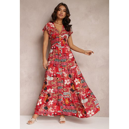 Czerwona Sukienka z Wiskozy Maxi z Gumką w Pasie Weha ze sklepu Renee odzież w kategorii Sukienki - zdjęcie 157084552