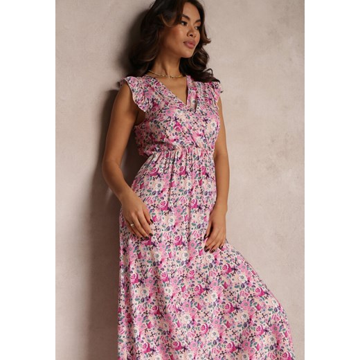 Różowo-Beżowa Kopertowa Sukienka Maxi z Gumką w Pasie i Falbaną Ammero Renee L wyprzedaż Renee odzież