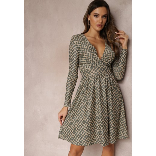 Ciemnozielona Sukienka w Geometryczny Wzór z Metaliczną Nitką Mairol ze sklepu Renee odzież w kategorii Sukienki - zdjęcie 157085063