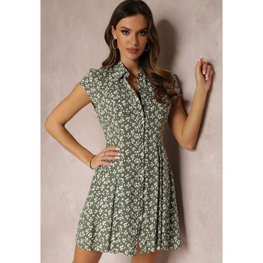 Zielona Sukienka Mini w Kwiatki z Kołnierzykiem Hollin ze sklepu Renee odzież w kategorii Sukienki - zdjęcie 157085110