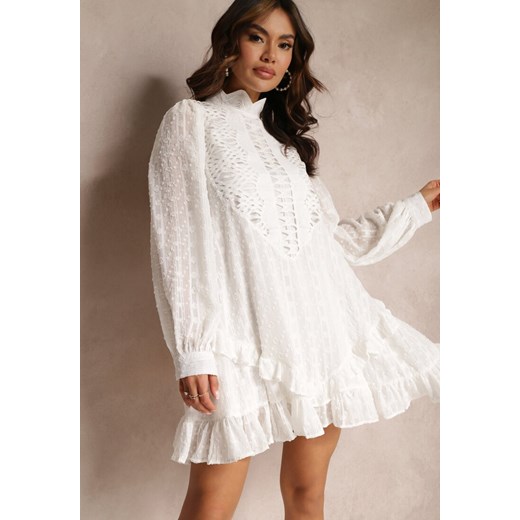 Biała Sukienka Mini z Falbankami i Koronkowymi Wstawkami Piolini ze sklepu Renee odzież w kategorii Sukienki - zdjęcie 157085321