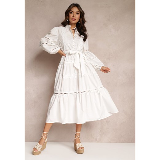 Biała Sukienka Midi z Guzikami i Koronkami Feralo ze sklepu Renee odzież w kategorii Sukienki - zdjęcie 157085331