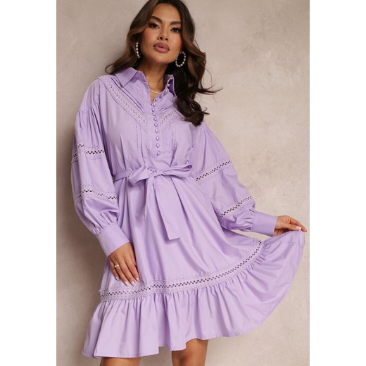 Fioletowa Koszulowa Sukienka z Perłowymi Guzikami i Koronkowymi Wstawkami Shyanne ze sklepu Renee odzież w kategorii Sukienki - zdjęcie 157085351