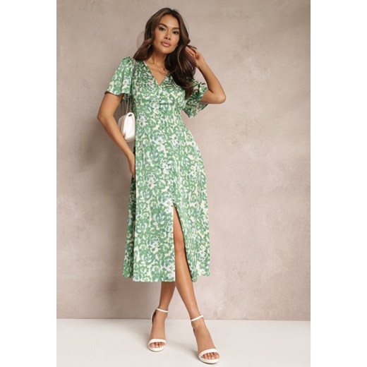 Zielona Satynowa Sukienka Midi z Gumkami w Pasie Alease Renee S promocyjna cena Renee odzież