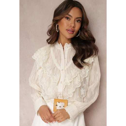 Jasnobeżowa Koszula z Błyszczącą Nitką i Haftowanymi Wstawkami Daizee ze sklepu Renee odzież w kategorii Koszule damskie - zdjęcie 157087082