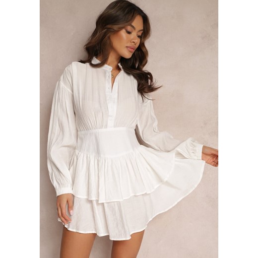 Biała Rozkloszowana Sukienka Mini z Falbankami i Stójką Iciana ze sklepu Renee odzież w kategorii Sukienki - zdjęcie 157087313