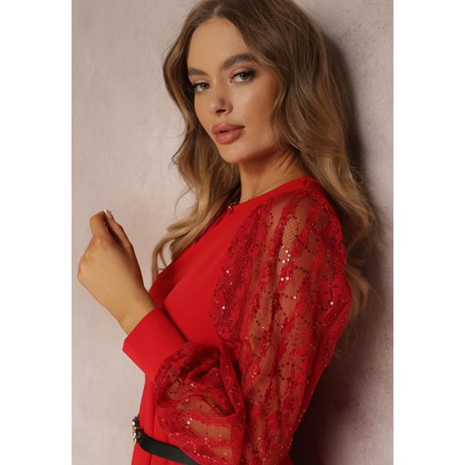 Czerwona Sukienka Mini z Paskiem i Ozdobnymi Rękawami z Koronką i Cekinami Renee S Renee odzież promocja