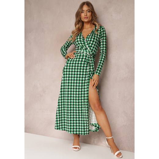 Zielona Sukienka Kopertowa Wiązana w Pasie w Geometryczny Wzór Joliyah ze sklepu Renee odzież w kategorii Sukienki - zdjęcie 157087810