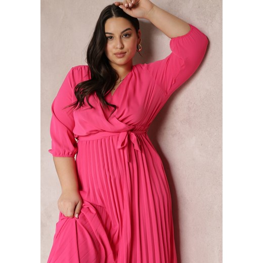Różowa Kopertowa Sukienka z Gumką i Paskiem w Talii Zdobiona Plisowaniem Kaylina Renee 3XL Renee odzież promocja