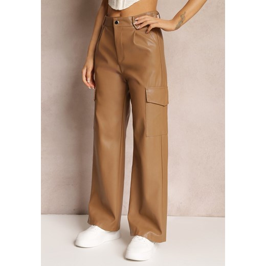 Brązowe Szerokie Spodnie z Wysokim Stanem z Imitacji Skóry Alymia ze sklepu Renee odzież w kategorii Spodnie damskie - zdjęcie 157088701