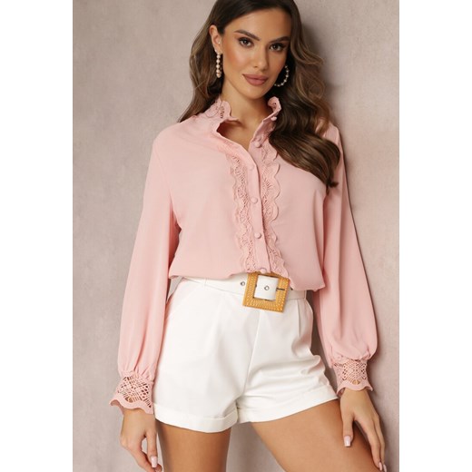 Różowa Koszula z Ażurową Stójką i Bufiastym Rękawem Nito ze sklepu Renee odzież w kategorii Koszule damskie - zdjęcie 157088943
