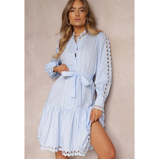 Jasnoniebieska Sukienka Midi z Ażurowymi Wstawkami i Wiązanym Paskiem Hudo ze sklepu Renee odzież w kategorii Sukienki - zdjęcie 157089063