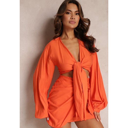 Pomarańczowy 2-częściowy Komplet Casual z Bluzką i Spódnicą Mini Udekorowanych Renee M Renee odzież wyprzedaż