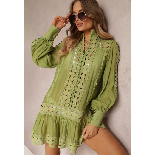 Zielona Koronkowa Tunika Pudełkowa z Falbaną Nawal ze sklepu Renee odzież w kategorii Odzież plażowa - zdjęcie 157089282