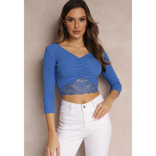Niebieska Krótka Bluzka z Koronkowym Dołem Camiah ze sklepu Renee odzież w kategorii Bluzki damskie - zdjęcie 157089382