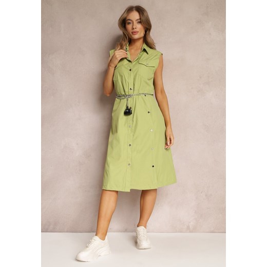 Zielona Sukienka za Kolano z Ozdobnym Paskiem Adarene ze sklepu Renee odzież w kategorii Sukienki - zdjęcie 157089812