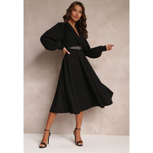 Czarna Rozkloszowana Sukienka z Paskiem i Długim Rękawem Malaiyah ze sklepu Renee odzież w kategorii Sukienki - zdjęcie 157089931