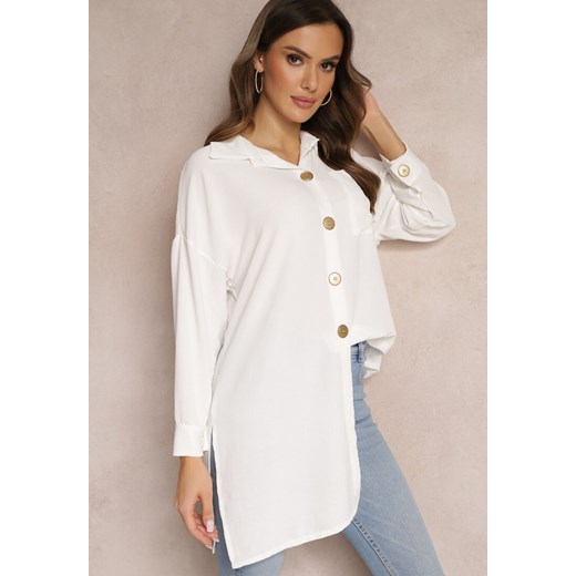 Biała Koszula Oversize o Długim Fasonie z Rozcięciami Tasine ze sklepu Renee odzież w kategorii Koszule damskie - zdjęcie 157090414