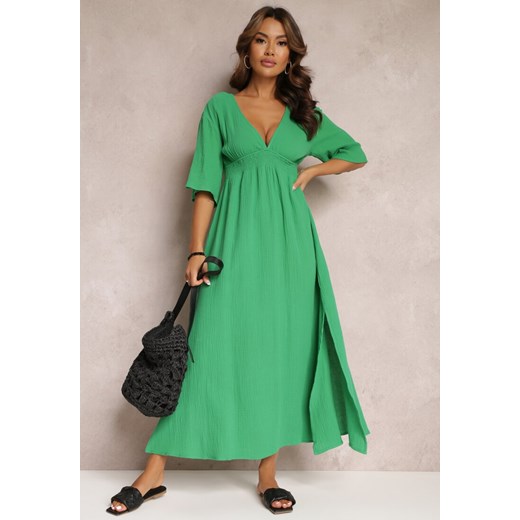Zielona Rozkloszowana Sukienka Maxi z Głębokimi Wycięciami i Gumką w Talii Thanthea ze sklepu Renee odzież w kategorii Sukienki - zdjęcie 157090574