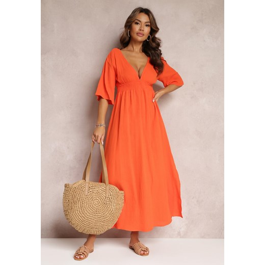 Pomarańczowa Rozkloszowana Sukienka Maxi z Głębokimi Wycięciami i Gumką w Talii Thanthea ze sklepu Renee odzież w kategorii Sukienki - zdjęcie 157090580