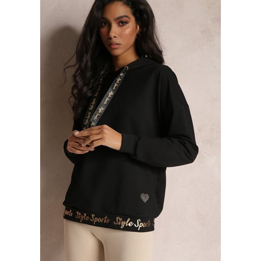Czarna Bluza z Błyszczącymi Napisami i Cyrkoniami Faenora ze sklepu Renee odzież w kategorii Bluzy damskie - zdjęcie 157091214