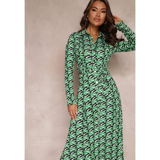 Zielona Koszulowa Sukienka Maxi z Geometrycznym Wzorem i Paskiem Axelena Renee S okazja Renee odzież